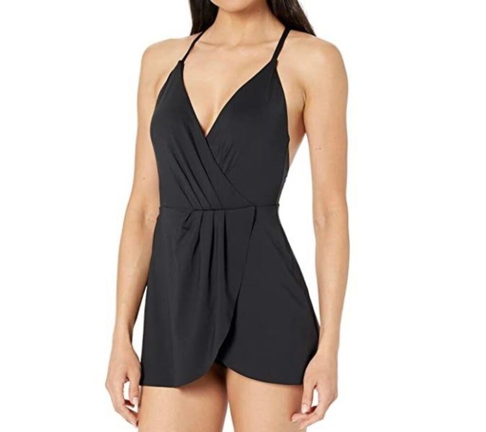 Anne Cole Live in Color Surplice Maillot Skirted Swim Dress Black Size 14 New
